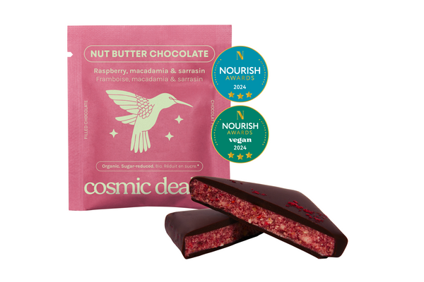 Riešutų pastos šokoladas Raspberry & Macadamia (dėžutė 4x20 g)