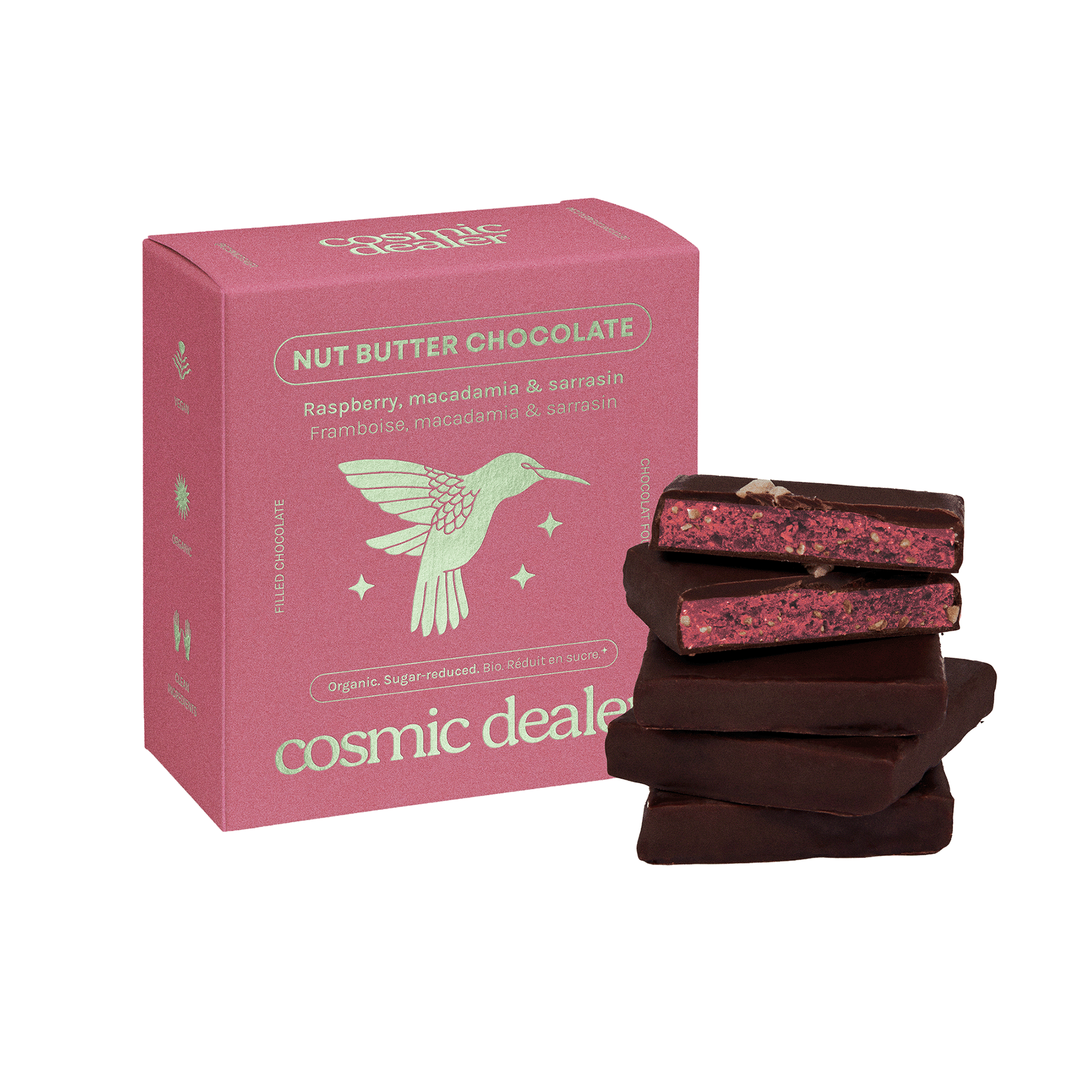 Riešutų pastos šokoladas Raspberry & Macadamia (dėžutė 4x20 g)