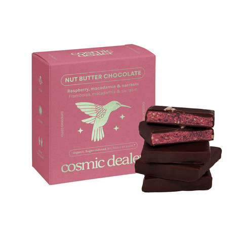 Riešutų pastos šokoladas Raspberry & Macadamia (dėžutė 4x20 g)